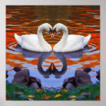 Fall Autumn Lake Reflections of Swans in Love Print
