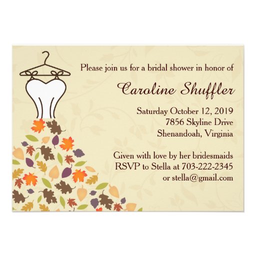 Fall Autumn Leaves Wedding Dress Bridal Shower Personalized Invites