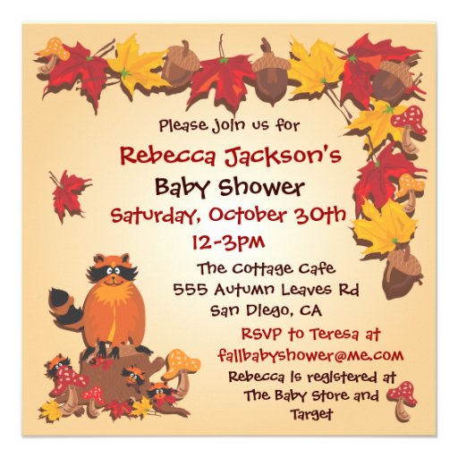 Fall Autumn Leaves with Raccoon Baby Shower Invite (front side)