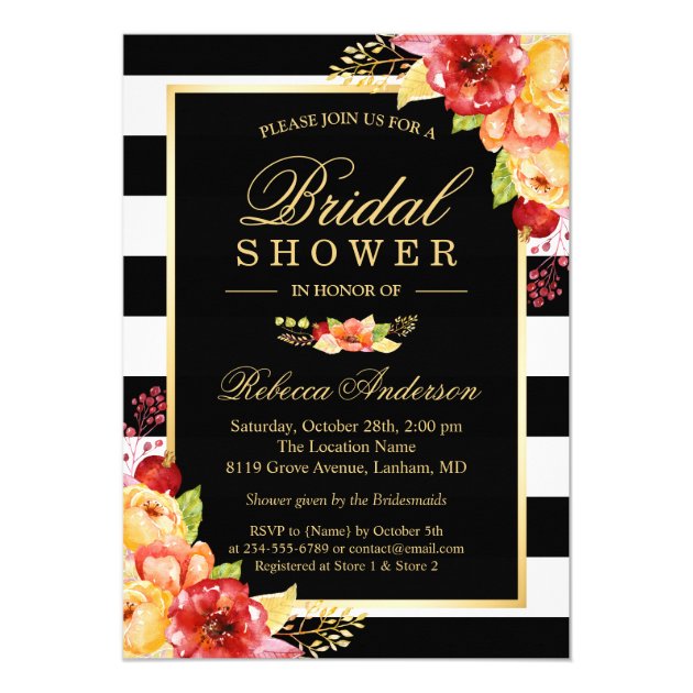 Fall Bridal Shower Autumn Gold Red Floral Stripes Card (front side)