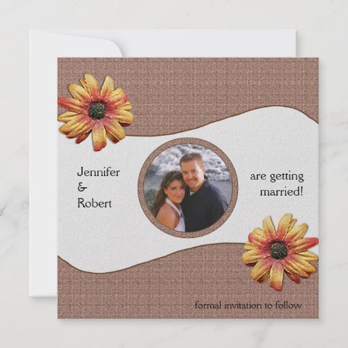 Fall Daisy on Brown Weave Save the Date invitation