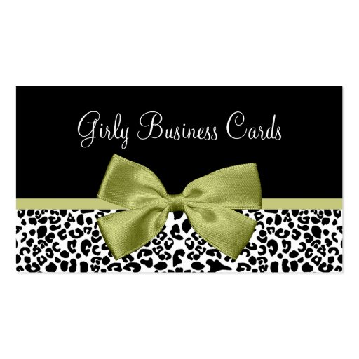 Fall Fashion Leopard Print And Linden Green Ribbon Business Card Templates (front side)