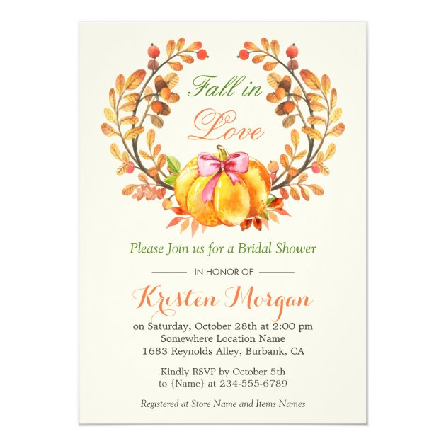 Fall in Love Bridal Shower Autumn Pumpkin Floral Card (front side)