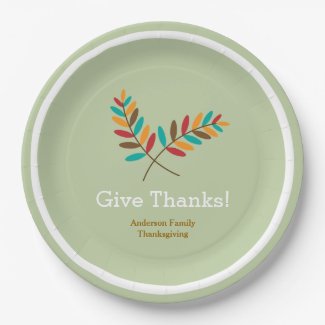 Fall Leaves Give Thanks, Personalized Thanksgiving 9 Inch Paper Plate