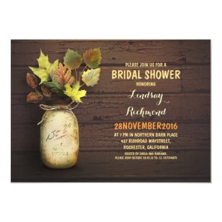 Fall leaves mason jar rustic bridal shower invites 5" x 7" invitation card