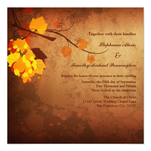 Fall leaves vintage distressed wedding invitation