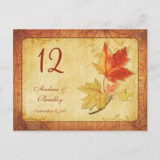 Autumn Maple Leaves Wedding Table Number Card
