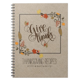 Fall Maple Leafs Frame Give Thanks Text Design Spiral Notebook