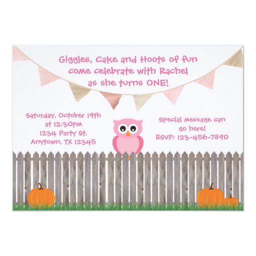 Fall Owl on Fence Pink Birthday Invitation (front side)