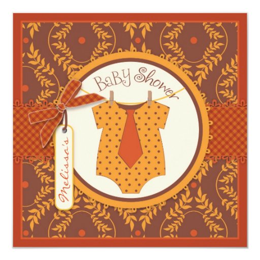 Fall Tie and Autumn Damask Vine Boy Baby Shower Personalized Invite