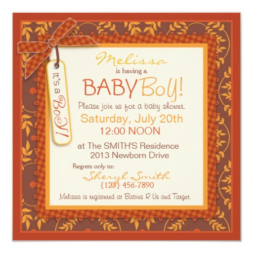 Fall Tie and Autumn Damask Vine Boy Baby Shower Personalized Invite
