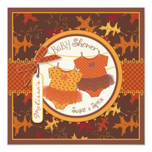 Fall Tutus & Autumn Leaves Twin Girls Baby Shower Personalized Invitation (front side)