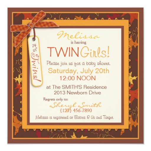 Fall Tutus & Autumn Leaves Twin Girls Baby Shower Personalized Invitation