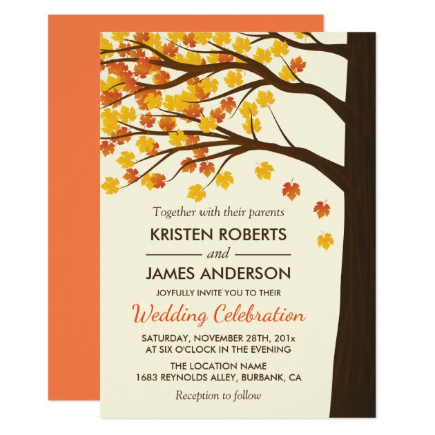 Fall Wedding Invitation | Maple Leaves Autumn Tree (front side)