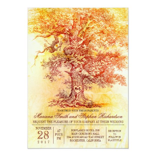 Fall wedding invitation with old oak tree (front side)