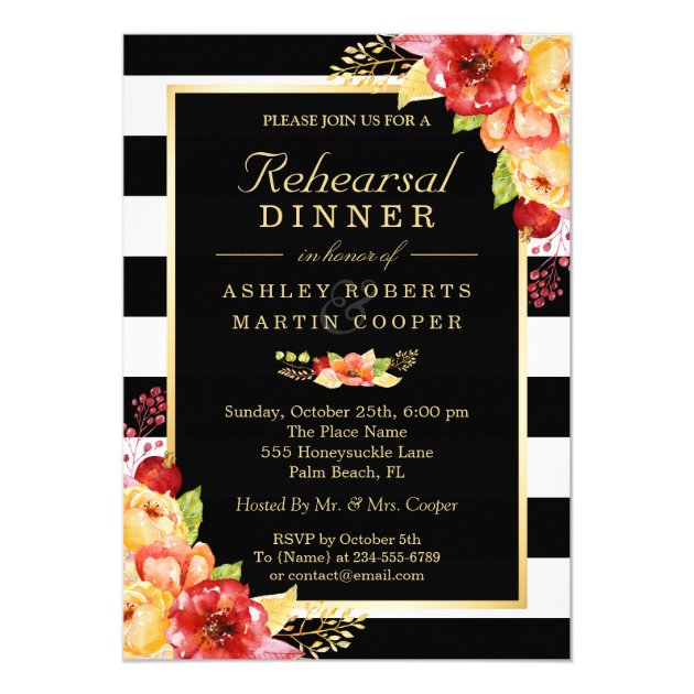 Fall Wedding Rehearsal Dinner Gold Floral Stripes Card (front side)
