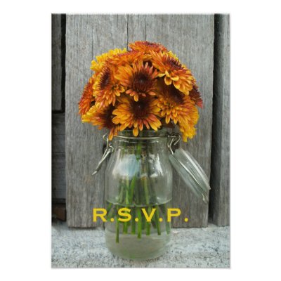 Fall Wedding RSVP: Jar of Flowers & Barnwood Custom Announcements