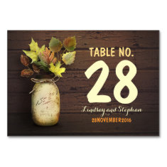 Fall wedding table number cards with mason jar table cards