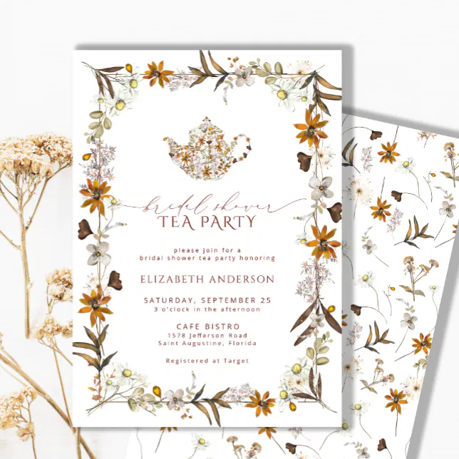 Fall Wildflower Elegant Bridal Shower Tea Party Invitation Zazzle