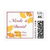 Falling ginkgo leaves maroon wedding save the date stamps