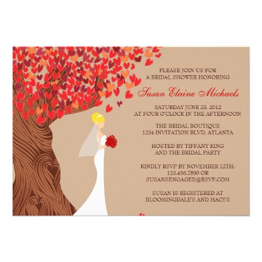 Falling Hearts Oak Tree Fall Bridal Shower Custom Invitations (front side)