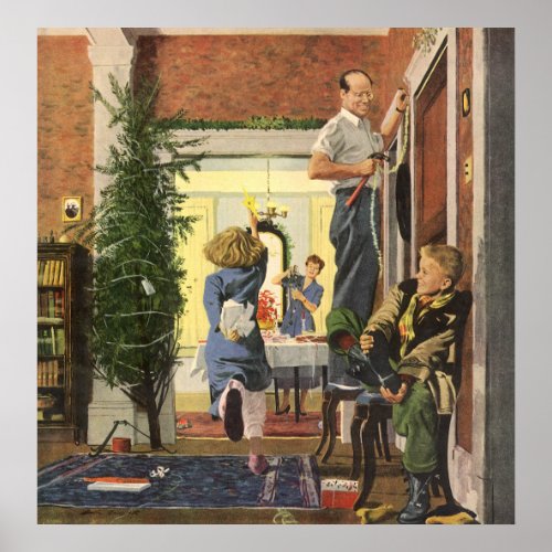 Family Decorating the House for Christmas Print