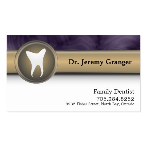 Family Dentist Business Card - Tooth Gold & Purple (front side)