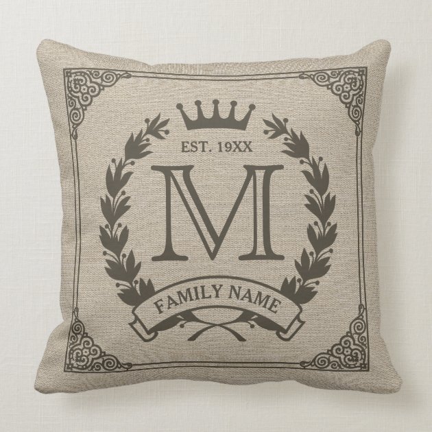 Family Logo Monogram Burlap Look Pillow