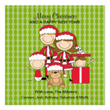 Family of 4 with a Dog Stick People Christmas Card