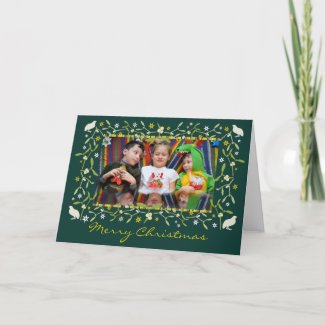 Family photo christmas card mistletoe stars green