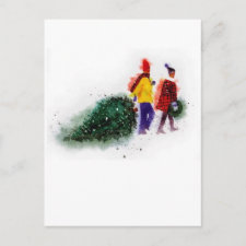 family pulling christmas tree Part 1 postcard