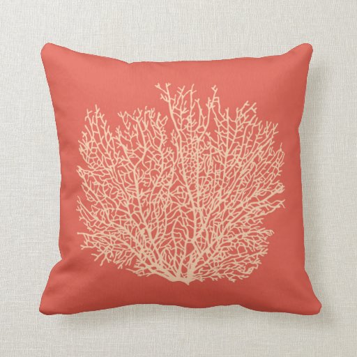 Fan Coral Print, Peach on Deep Coral Orange Throw Pillow Zazzle