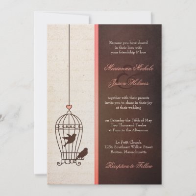 These wedding invitations feature a fanciful birdcage with swirls and a pink