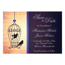 Fanciful Bird Cage with Blue Ribbon Save the Date Custom Invitations