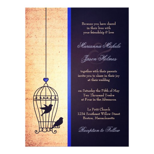 Fanciful Bird Cage with Blue Ribbon Wedding Custom Invites