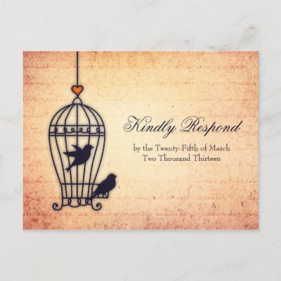Fanciful Bird Cage with Gold Heart Wedding RSVP Post Card by foreverwedding