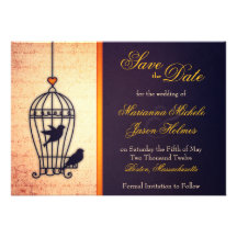 Fanciful Bird Cage with Gold Ribbon Save the Date Personalized Invites