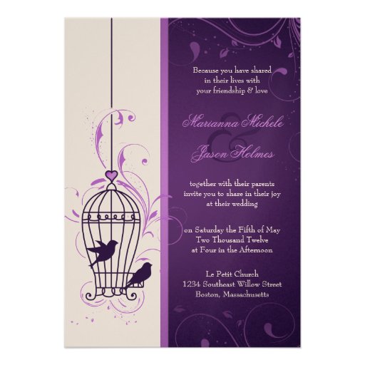 Fanciful Bird Cage with Swirls Aubergine Wedding Personalized Invitations