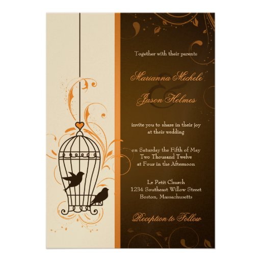 Fanciful Swirls Birdcage Orange & Brown Wedding Invitations