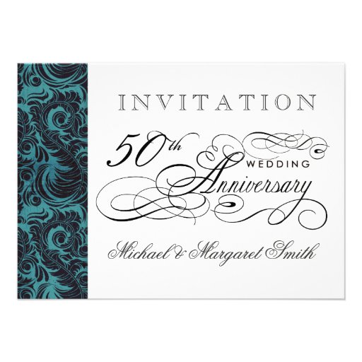 Fancy 50th Anniversary Invitations - Blue Damask