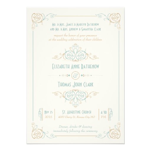Fancy Art Deco Blue & Cream Wedding Invitations
