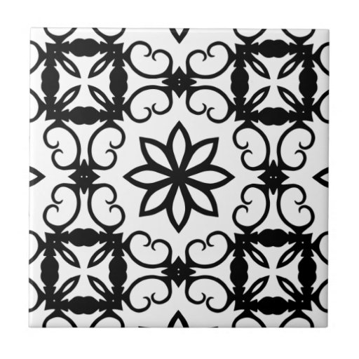 Fancy black and white flower kaleidoscope tile Zazzle