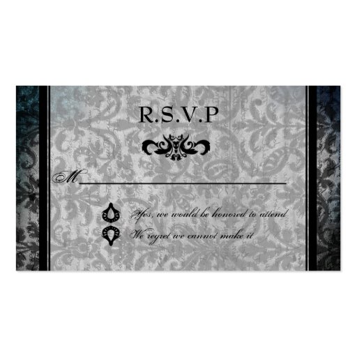 Fancy Black Damask Monogram Reception RSVP Card Business Card Template (front side)