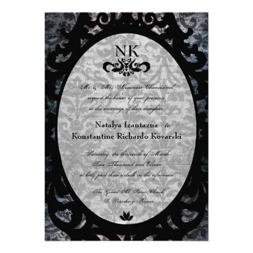 Fancy Black Damask Oval Goth Wedding Invite
