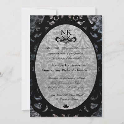 Fancy Black Damask Oval Goth Wedding Invite by oddlotpaperie