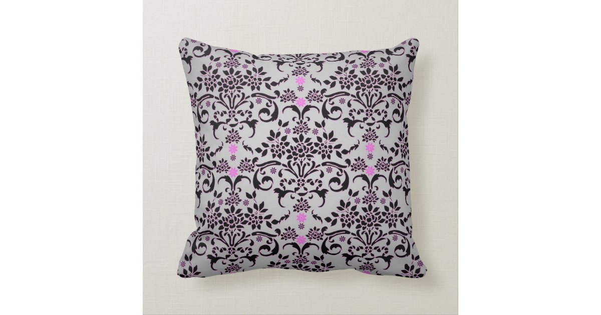 Fancy Black Silver Purple Floral Damask Pattern Throw Pillow Zazzle