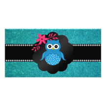Fancy blue owl turquoise owl photo card template
