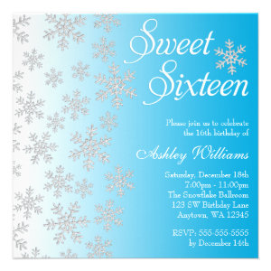 Fancy Blue Snowflakes Winter Wonderland Sweet 16 Personalized Announcements