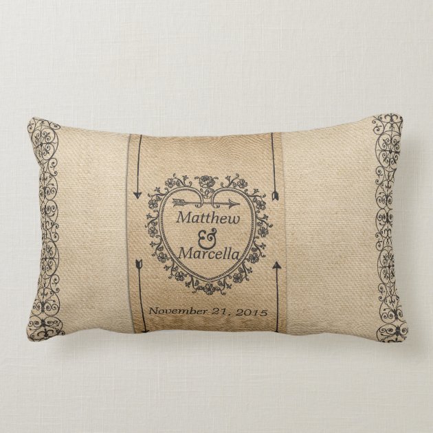 Fancy Burlap Wedding Date Heart Personalized Throw Pillow