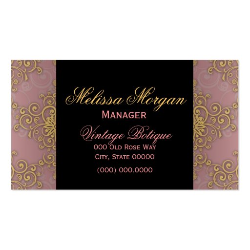 Fancy Damask Pink and Gold Botique Business Card (back side)